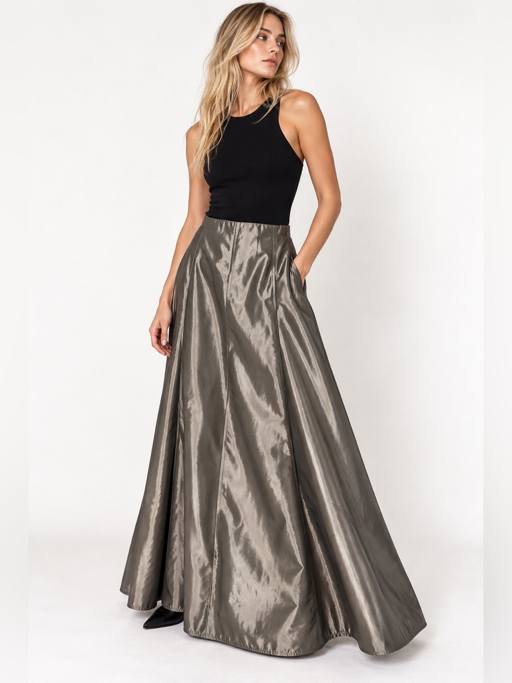 JS Collections Metallic Taffeta Maxi Skirt Pewter Size 8 Screen Worn The Boys
